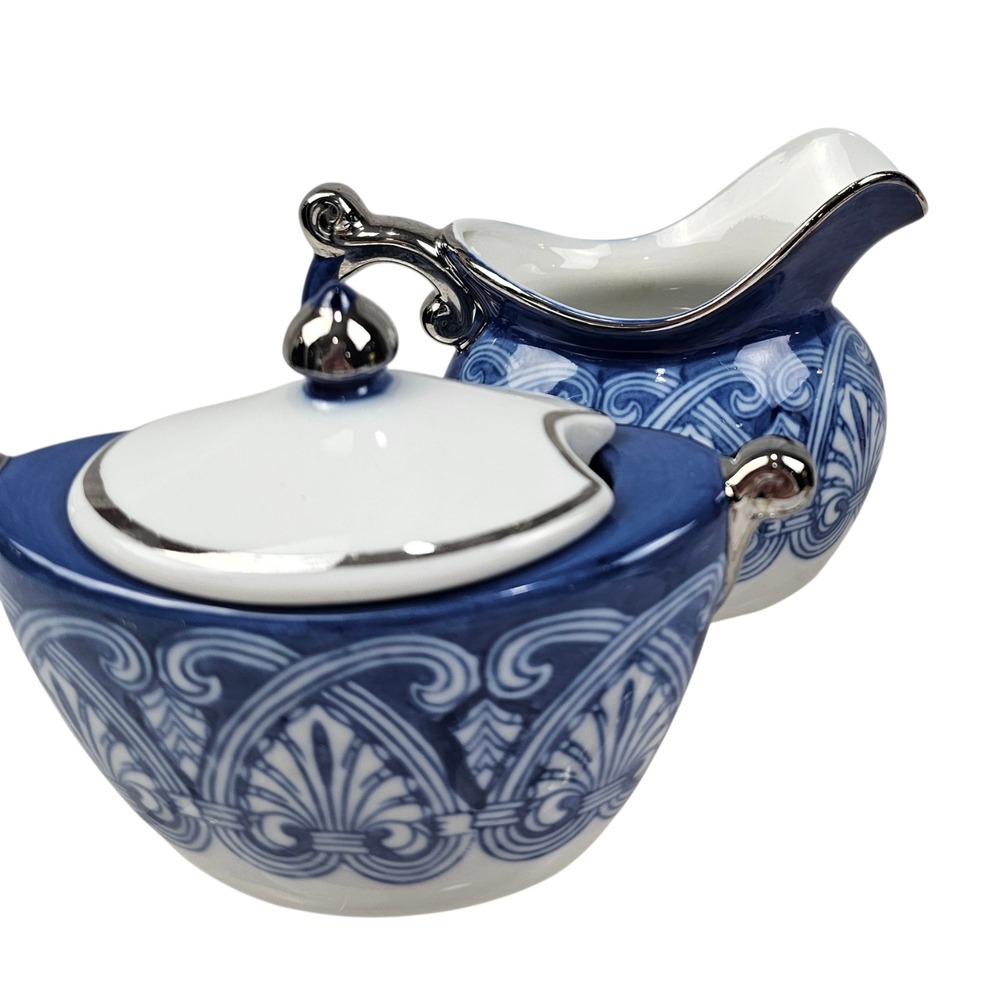 Bombay Blue and White Porcelain Cream and Sugar Set Silver Trim‎ Scroll Pattern